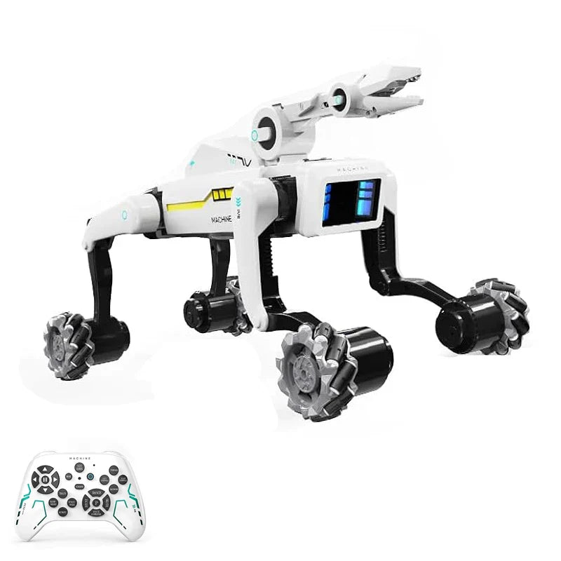 Toy robot with remote control on a white background
