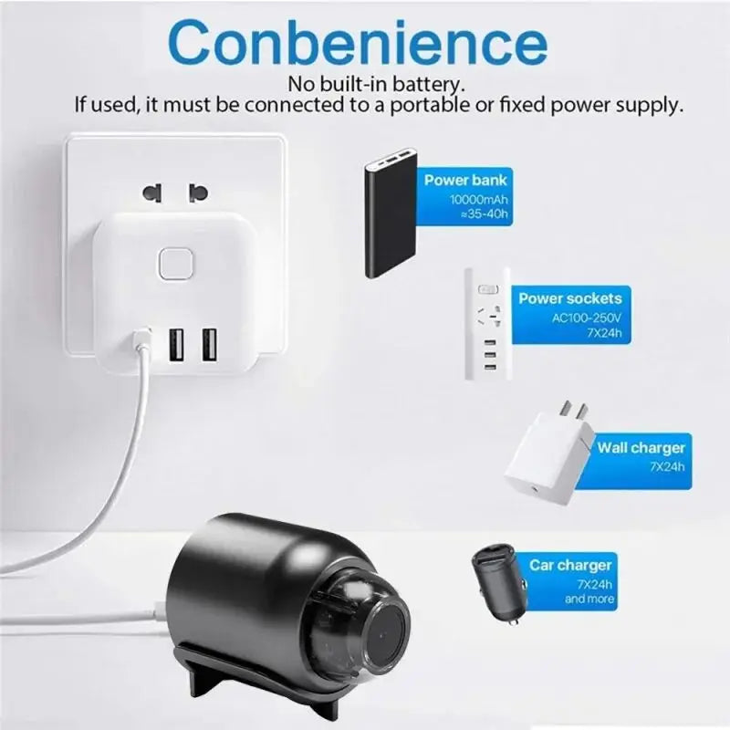 Various power-related products including a wall socket, power bank, and car charger with text on a white background.
