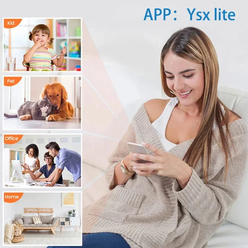 Woman using a smartphone with app icons and scenes on a screen