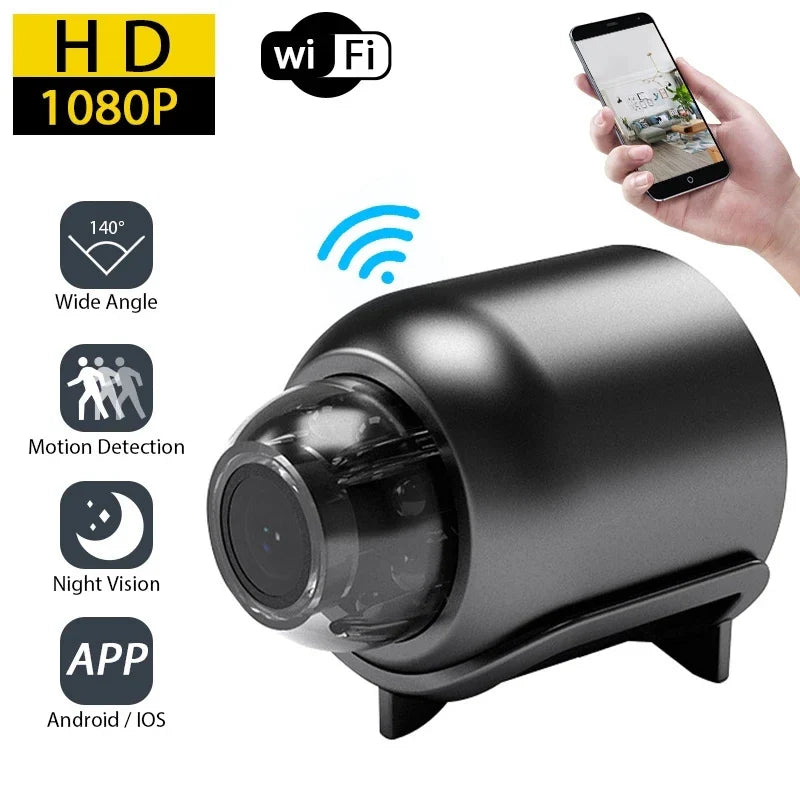 Smart security camera with smartphone app interface, featuring HD 1080P, WiFi, wide angle, motion detection, night vision, and compatibility with Android and iOS.