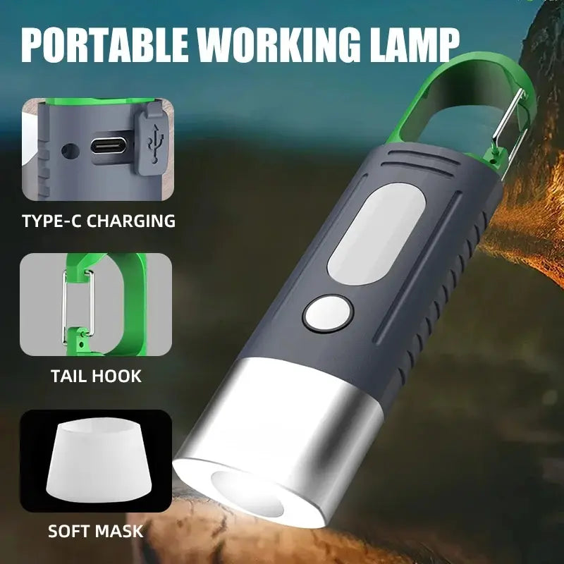 Portable working lamp with features highlighted on a dark background