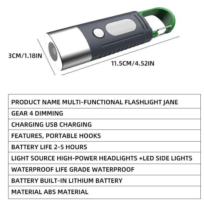 Multi-functional flashlight with dimensions and features listed on a white background