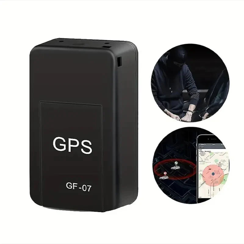 Black GPS tracker with inset images of a person using it and a smartphone app.