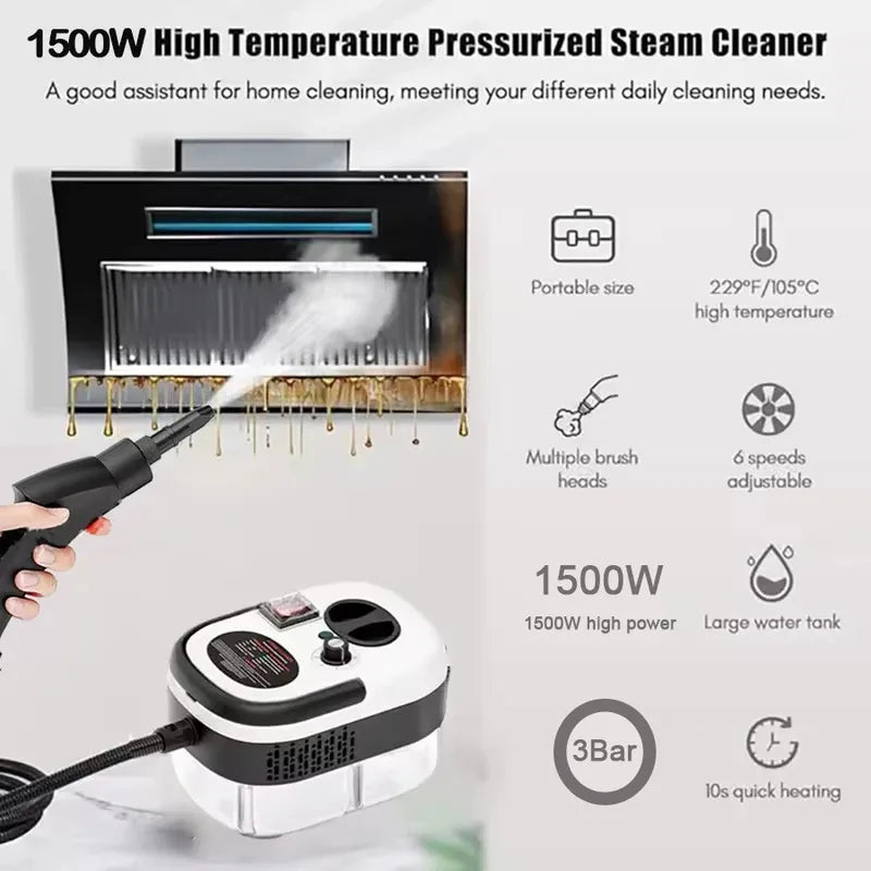 1500W High Temperature Pressurized Steam Cleaner with features listed on a white background