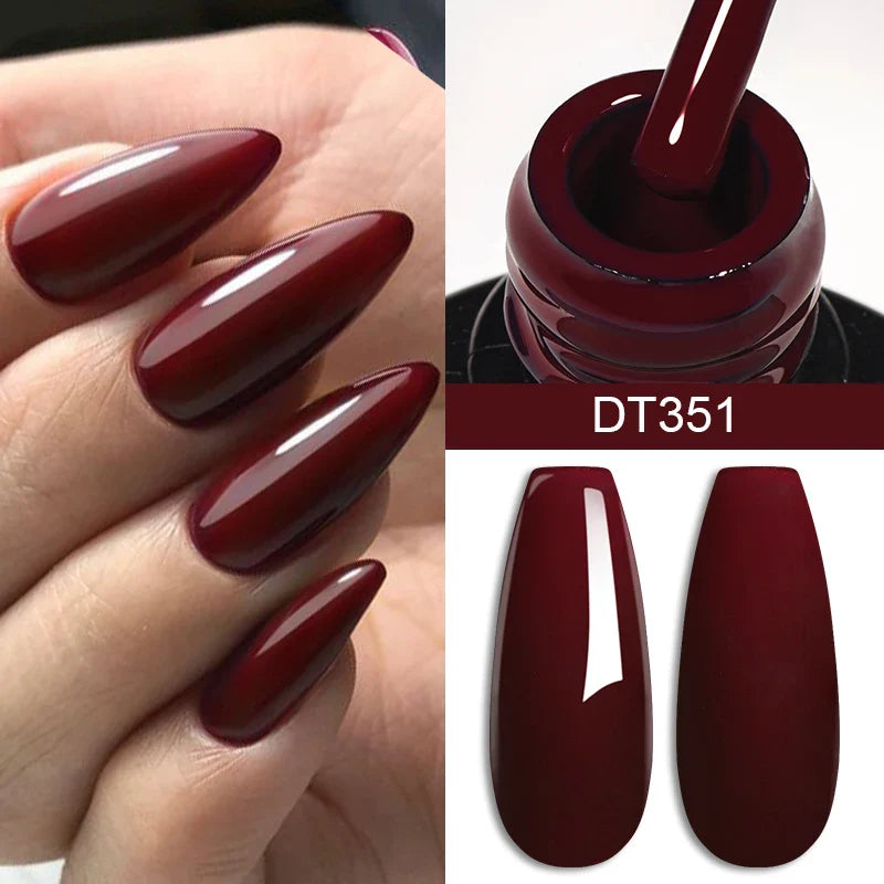 Collage of red nail polish on nails, bottle, and close-up of polish.