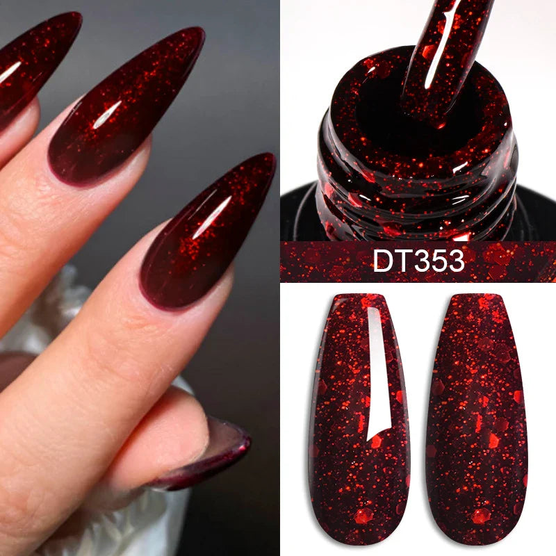 Collage of red glitter nail polish on nails and bottle, with product code DT353.