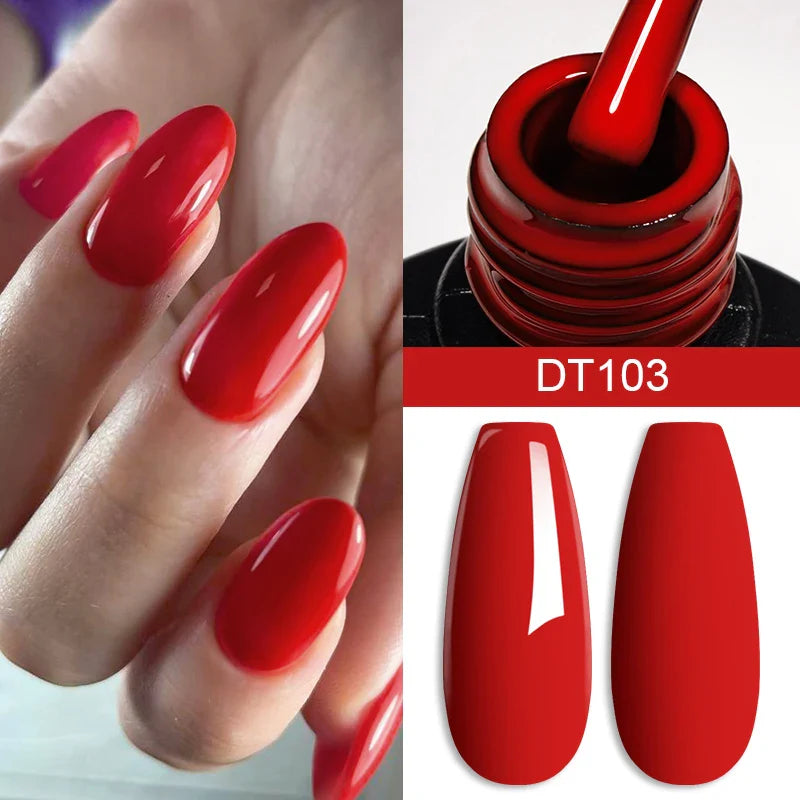 Red nail polish with application on nails and bottle cap, featuring color code DT103.