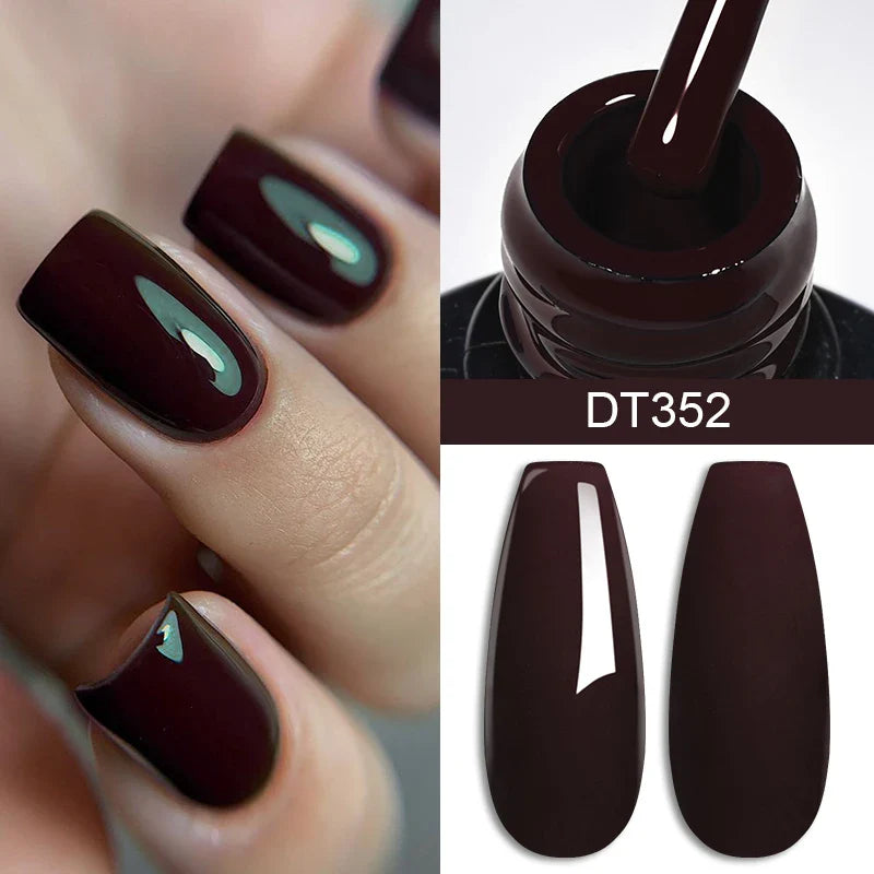 Nail polish with application on nails and bottle cap, labeled DT352.