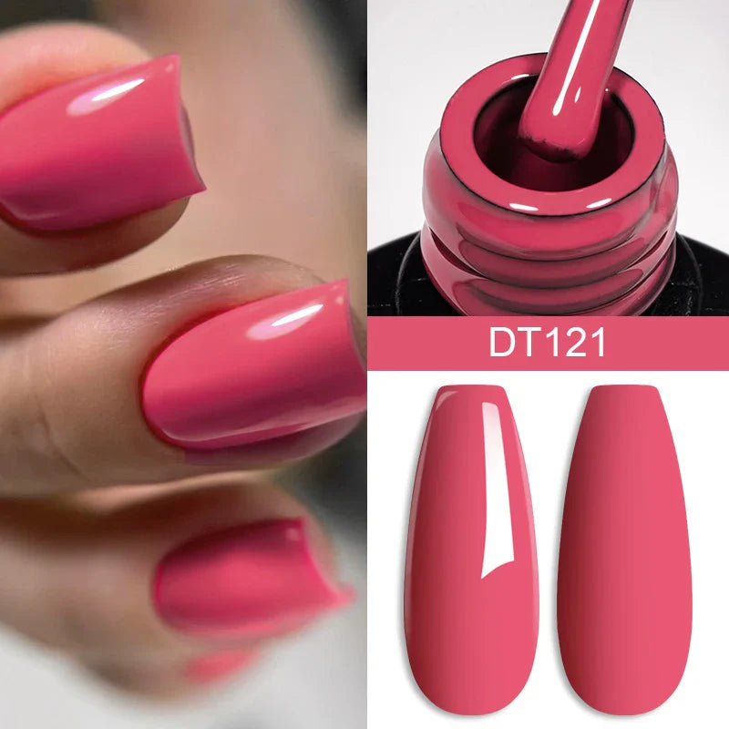 Collage of pink nail polish with a bottle and nails