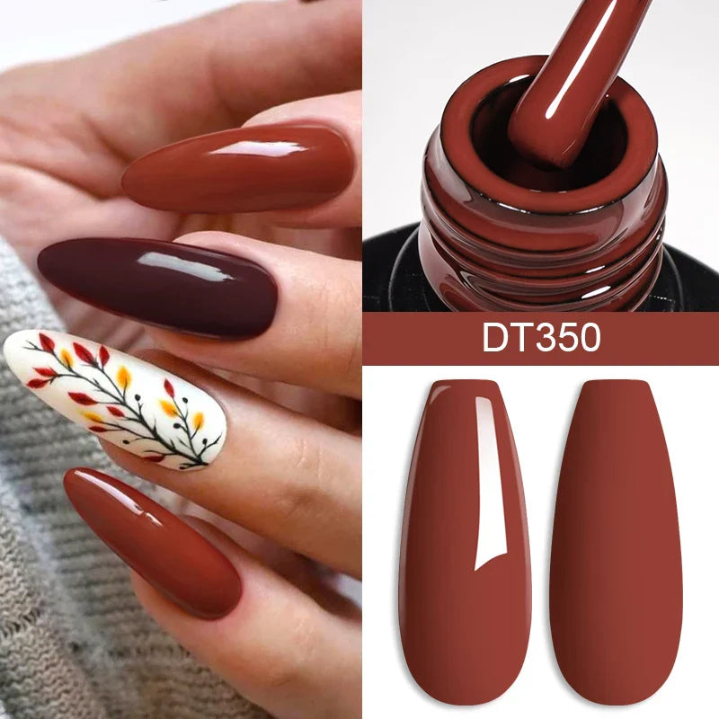 Brown nail polish with application on nails and bottle, featuring color code DT350.