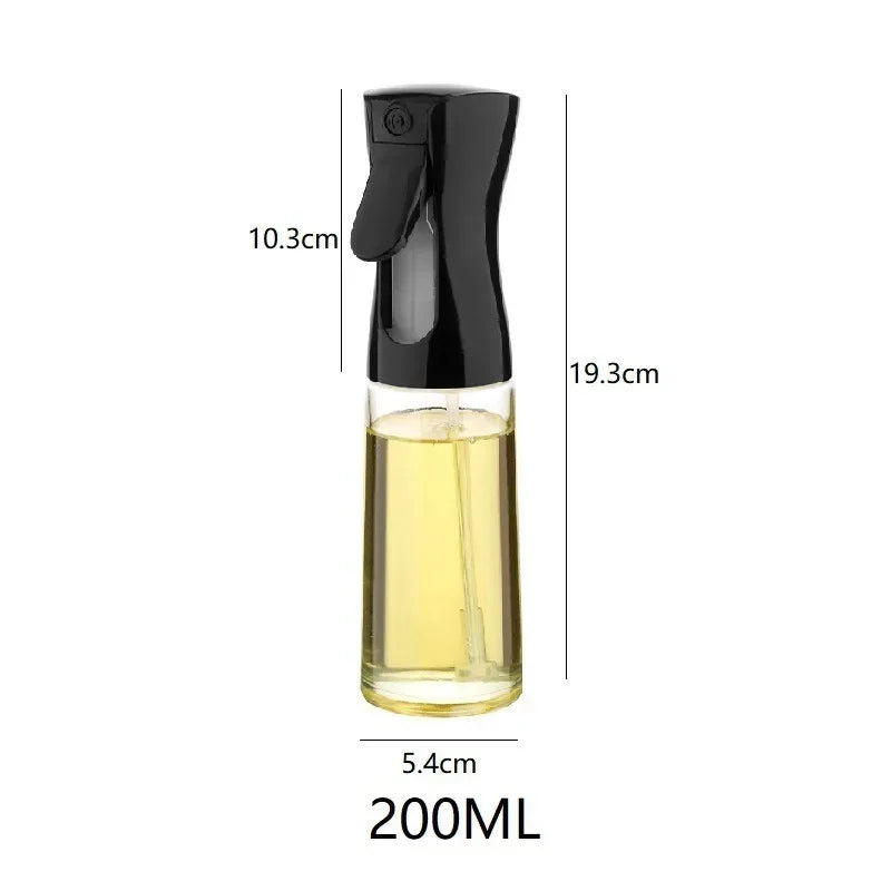 Glass spray bottle with black nozzle containing a yellow liquid, shown with measurements on a white background.