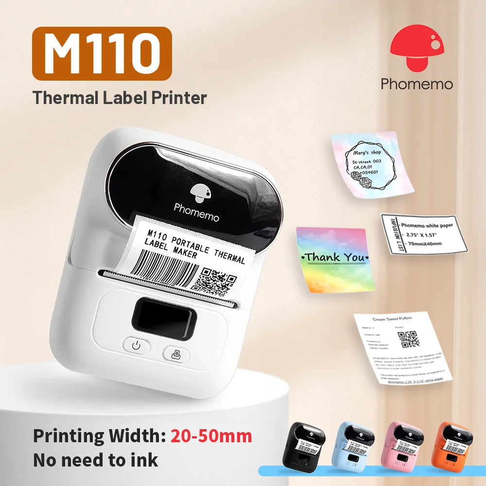 Phomemo M110 thermal label printer with printed labels on a beige background