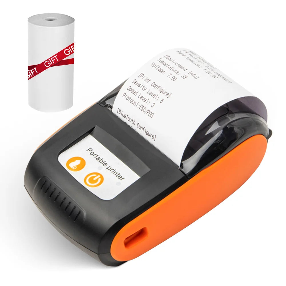 Portable label printer with a roll of labels on a white background