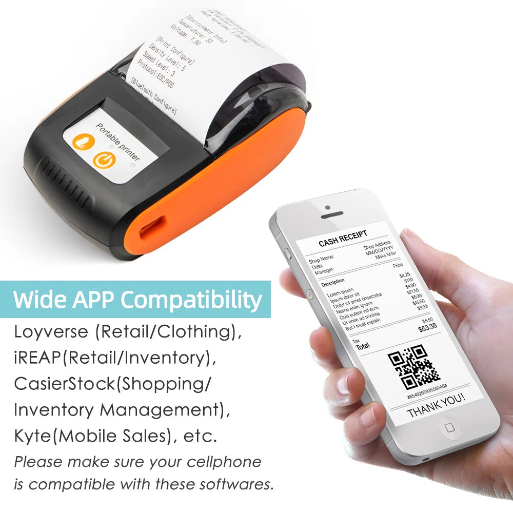 Portable printer and smartphone with printed receipt and QR code, on a white background