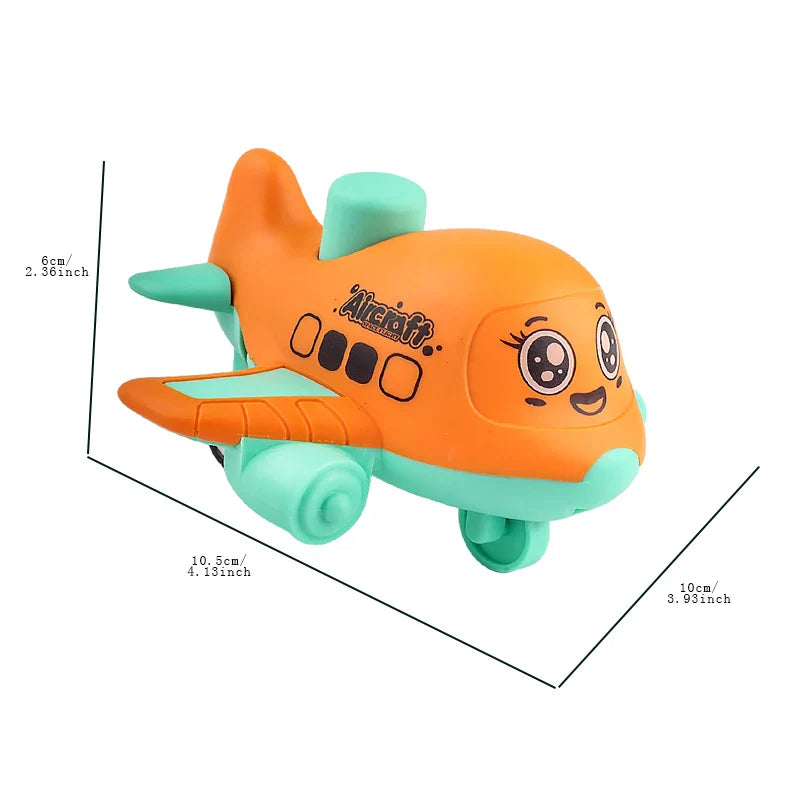 Toy airplane with a face on an orange body, dimensions indicated, on a white background