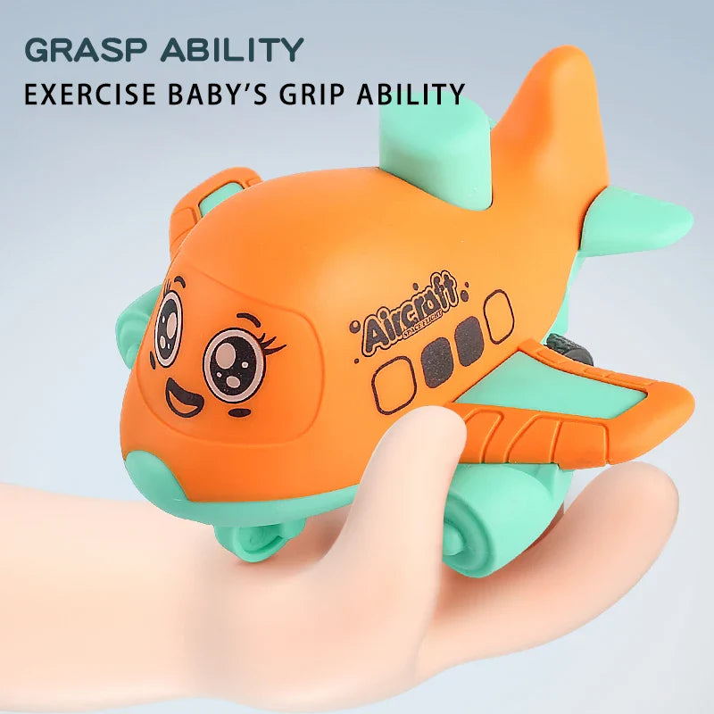 Orange airplane-shaped toy held in a hand with text about exercising baby's grip ability.