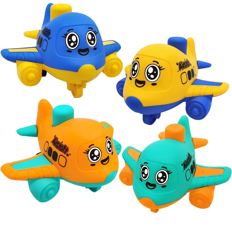 Four colorful toy airplanes with cartoon faces on a white background