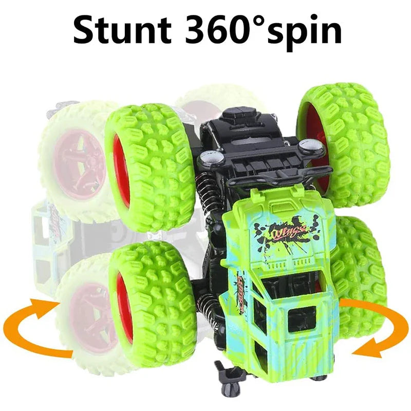 Toy car with green wheels performing a 360-degree spin on a white background