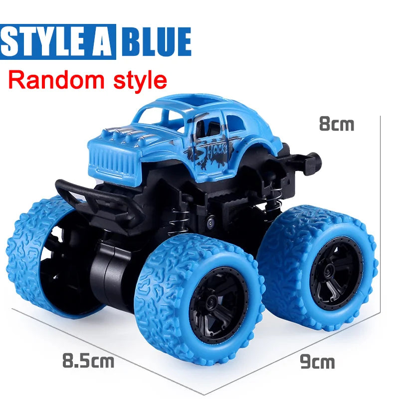 Blue toy monster truck with measurements on a white background