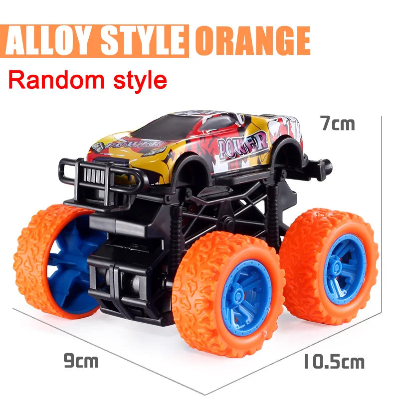 Toy car with orange and blue wheels on a white background