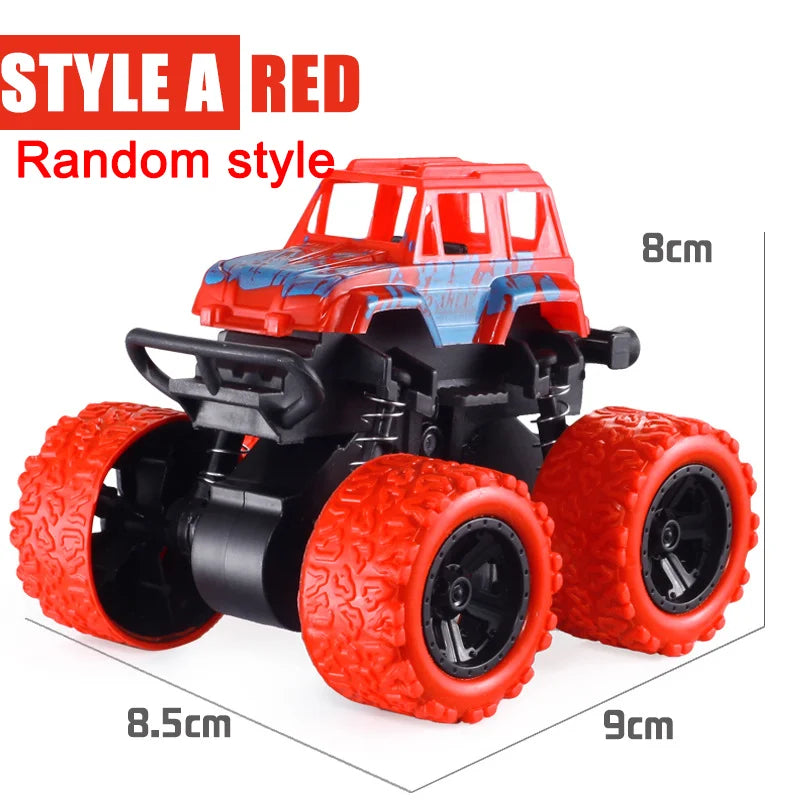 Red toy monster truck with black accents and large red wheels, shown with measurements on a white background.