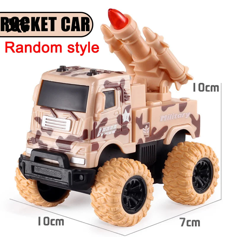 Toy truck with missile attachment labeled 'Rocket Car' on a white background