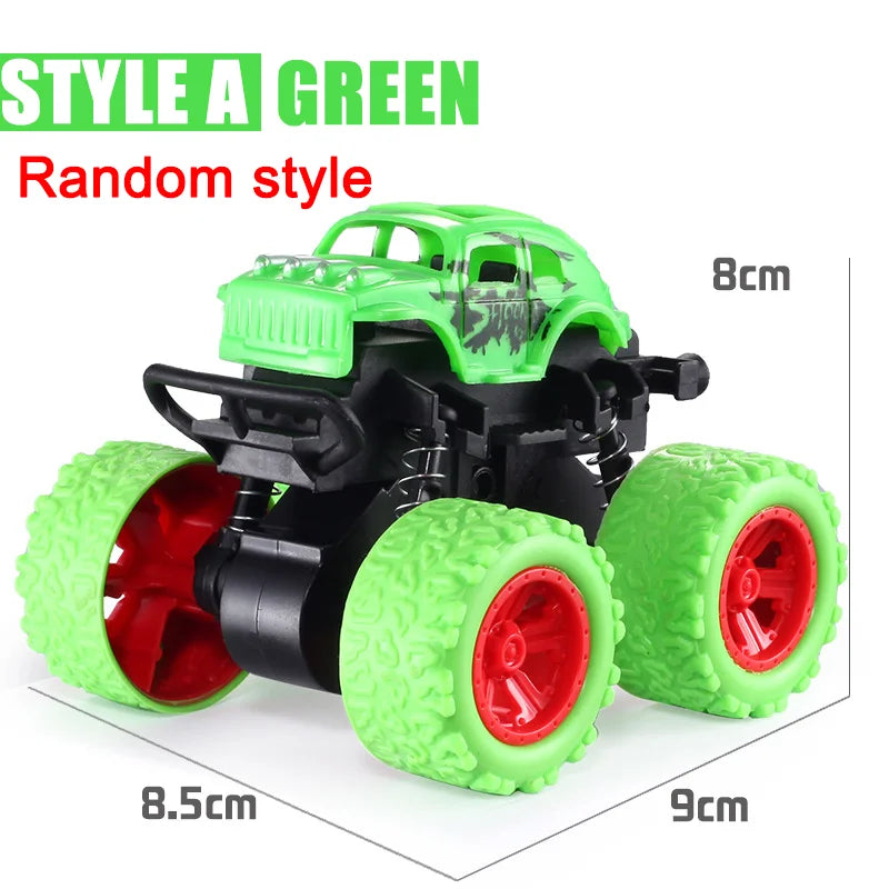Toy monster truck with green body and red wheels on a white background