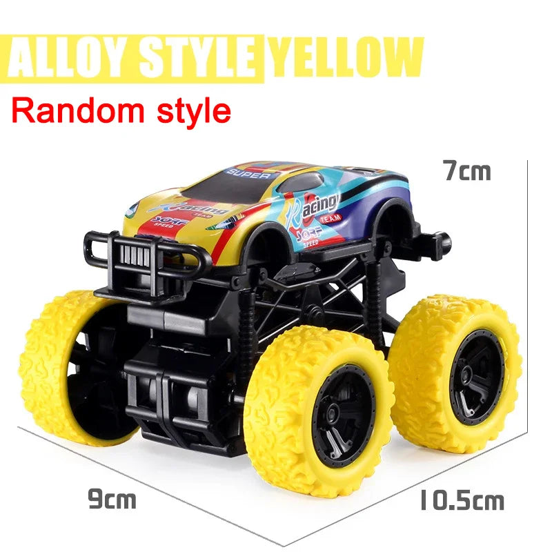 Toy car with colorful design and large yellow wheels, shown with measurements on a white background.