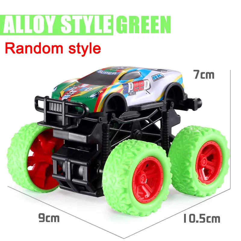 Toy car with green wheels and colorful body, size measurements shown.