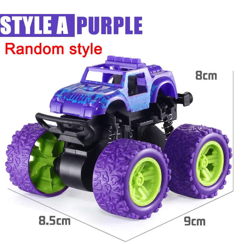 Toy truck with purple and green wheels on a white background