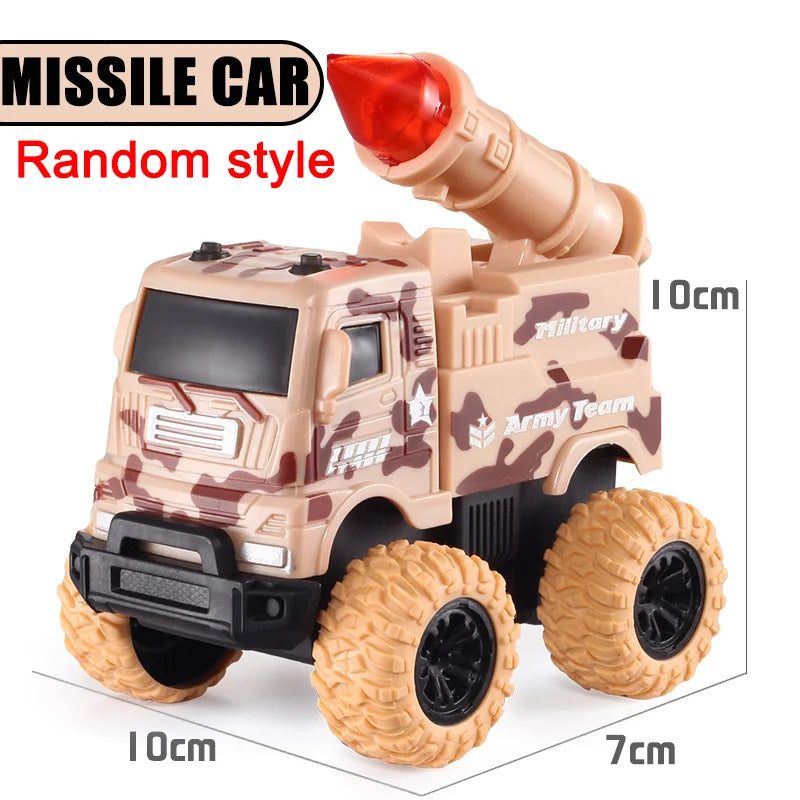 Toy truck with a missile on top, designed like a military vehicle, on a white background.