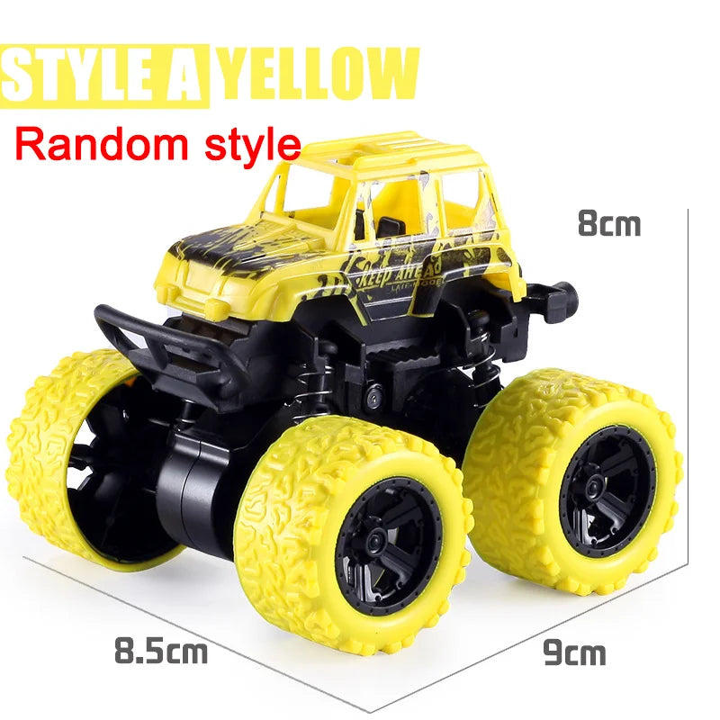 Yellow toy monster truck with black accents on a white background