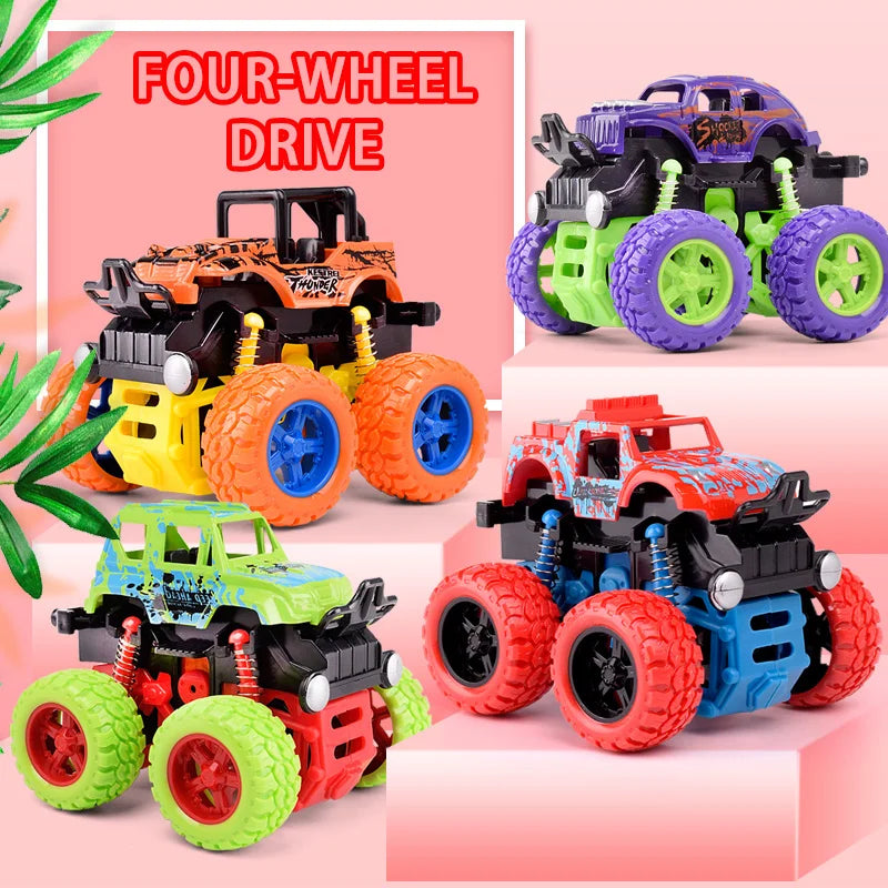 Four toy monster trucks with colorful wheels on a pink background, labeled 'Four-Wheel Drive'.