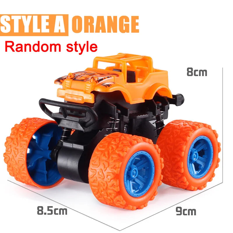 Orange toy vehicle with blue wheels and measurements on a white background