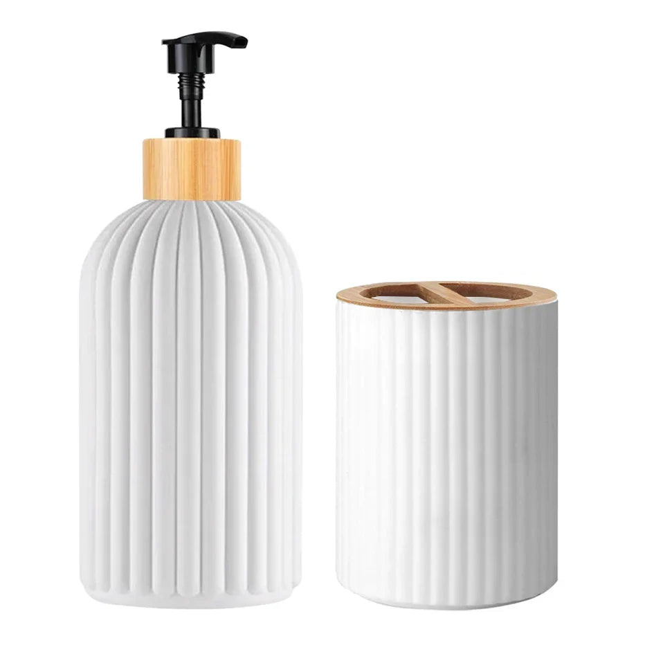 White ceramic soap dispenser with wooden pump and holder on a white background