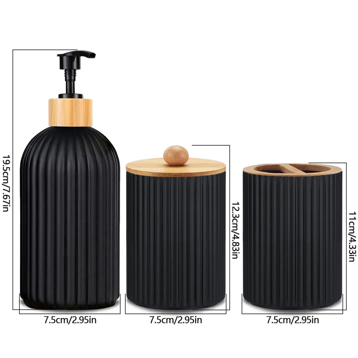 Black ceramic bathroom set with wooden accents and measurements on a white background