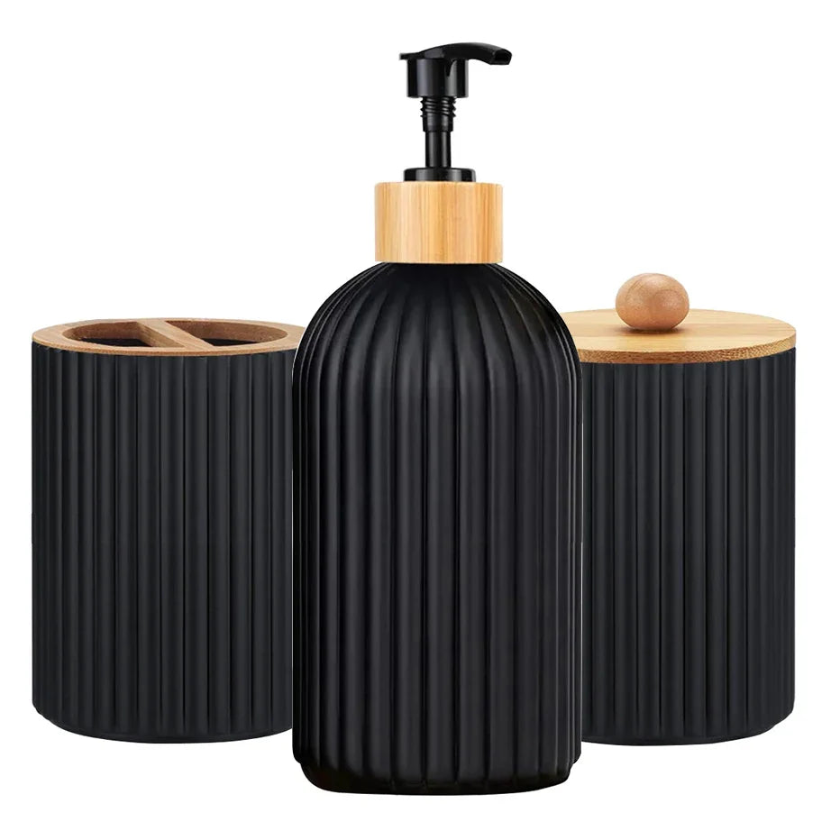 Black ribbed soap dispenser with wooden pump and lid, surrounded by black containers on a white background