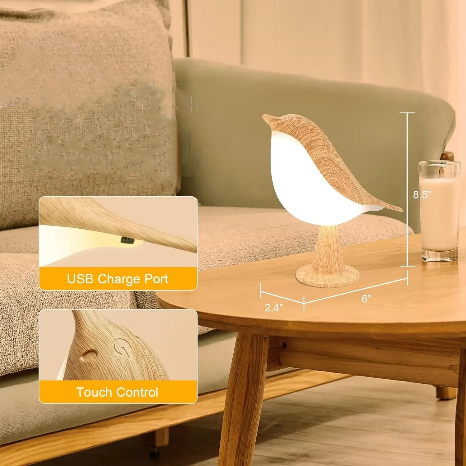 Bird Lamp: Art Deco LED, Cordless & Touch Dimmable