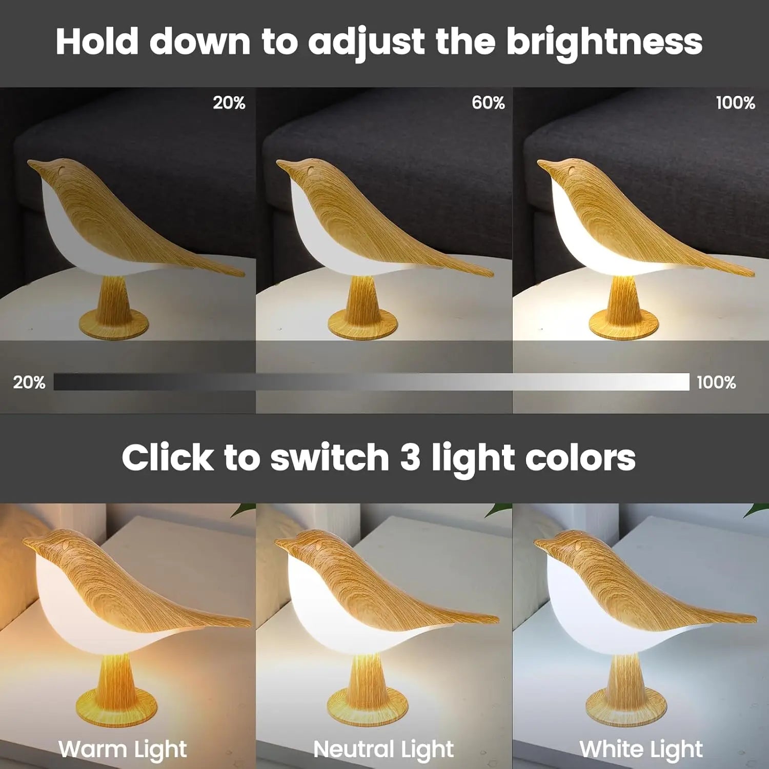 Bird Lamp: Art Deco LED, Cordless & Touch Dimmable