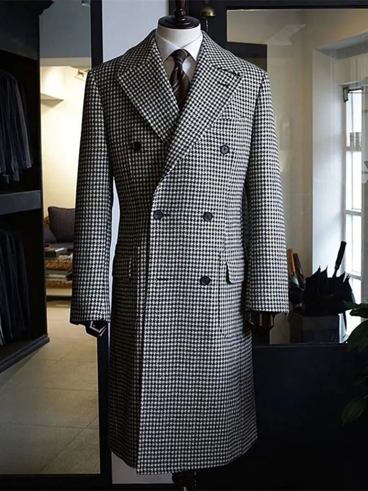Houndstooth Woolen Coat: Peak Lapel Long Blazer for Events