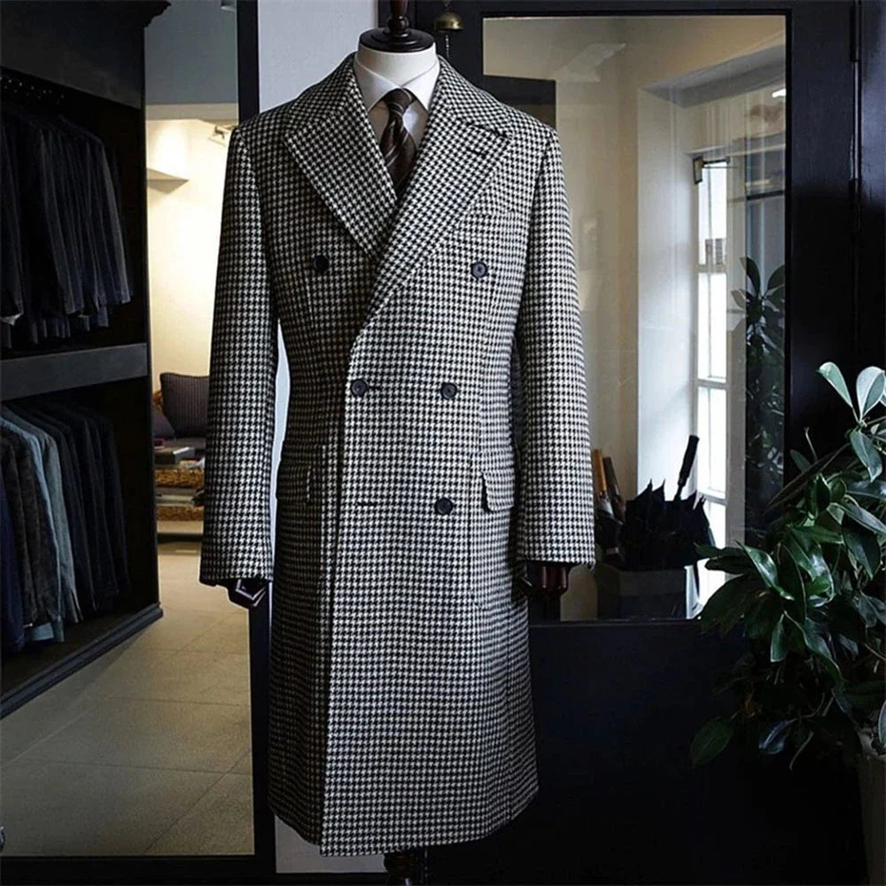 Houndstooth Woolen Coat: Peak Lapel Long Blazer for Events