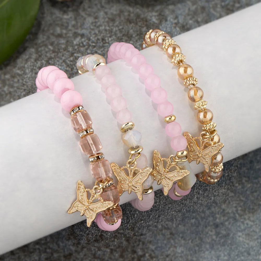 Butterfly Bracelet Set: 4Pc Pink Boho Beaded Stack Gift