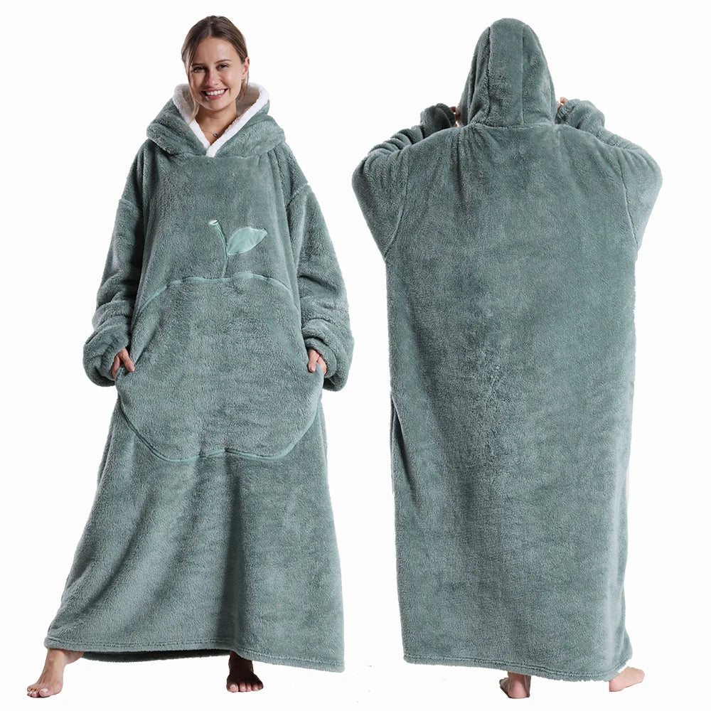 Wearable Blanket: Extra Long Thermal Flannel Hoodie