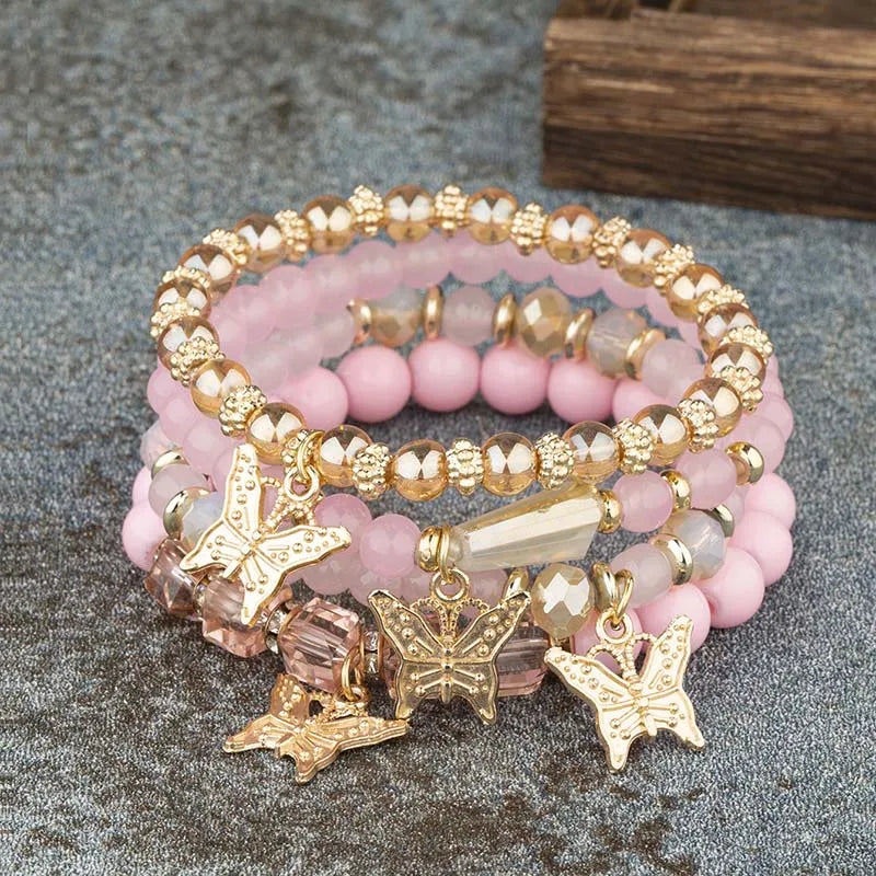Butterfly Bracelet Set: 4Pc Pink Boho Beaded Stack Gift