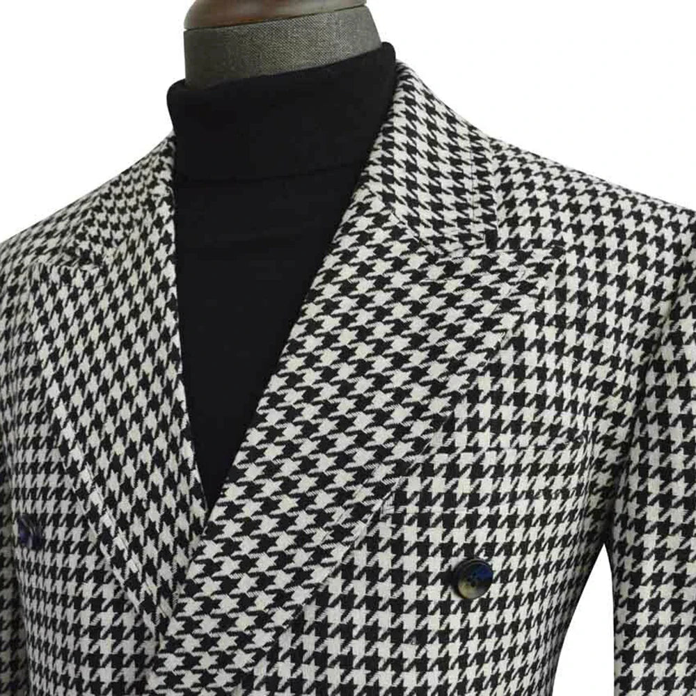 Houndstooth Woolen Coat: Peak Lapel Long Blazer for Events