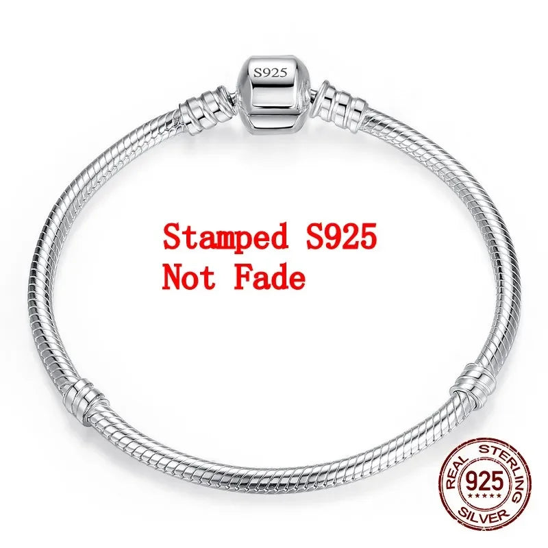 Silver bracelet with 'Stamped S925 Not Fade' text on a white background