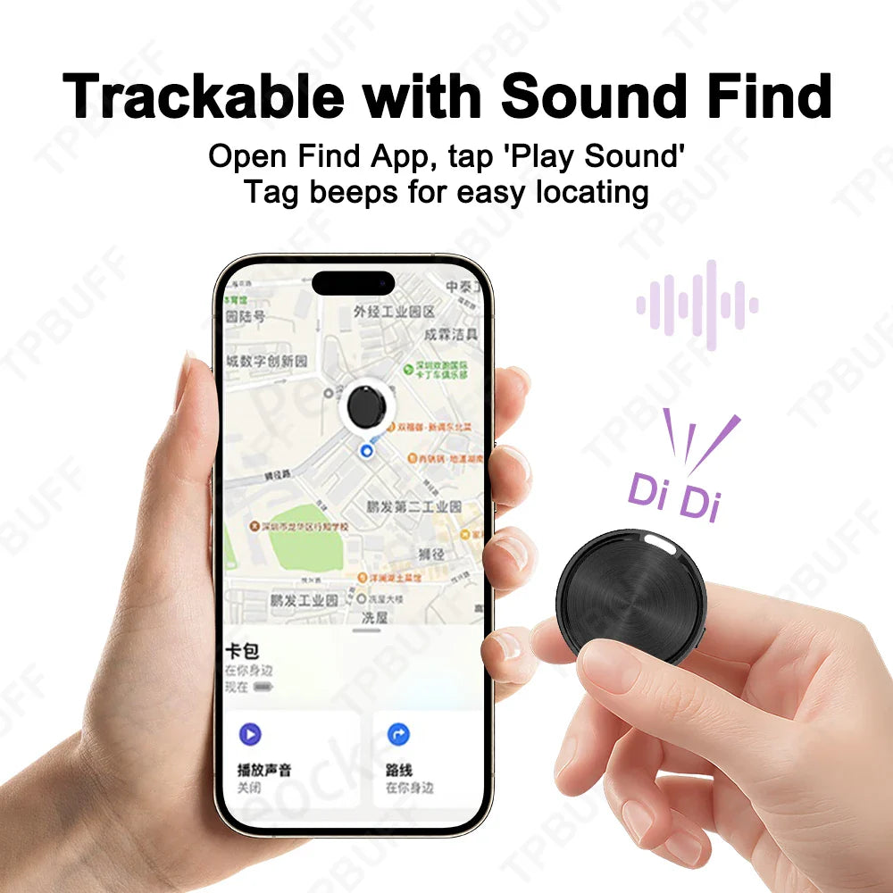 Hand holding a phone with a map app open, showing a trackable device with sound find feature.