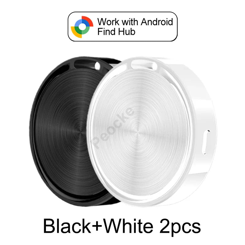 Two spools of filament, one black and one white, with text indicating compatibility with Android Find Hub.