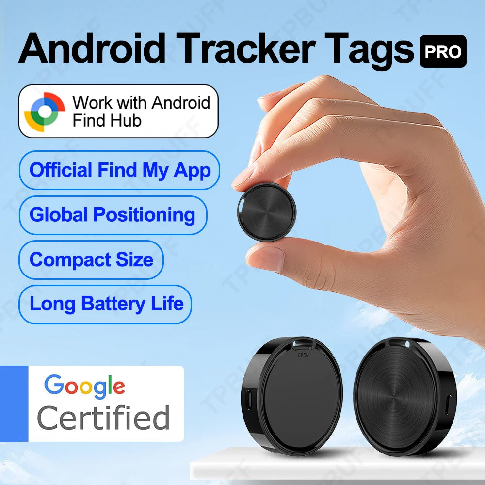 Hand holding an Android Tracker Tags Pro device with product features listed on a blue background.