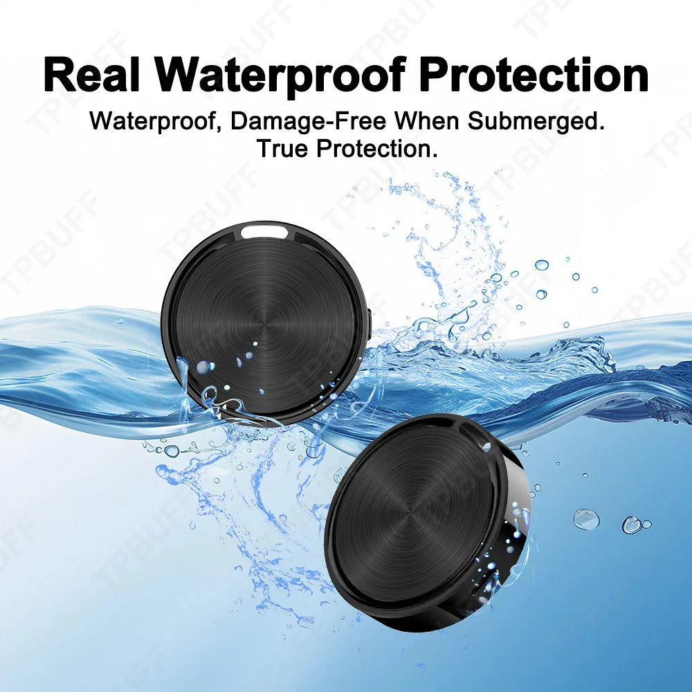 Two black speakers with water splashes and text about waterproof protection on a white background.